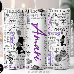 20 Unzen Skinny Tumbler Cheer Purple Glitter Cheer Words Cheerleader Sublimation Design Digitaler Download PNG Fügen Sie Ihren eigenen Namen oder Text hinzu, Purple