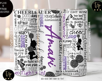 Cheer Tumbler Sublimation Design: Purple Glitter, Add Name (Digital Download)