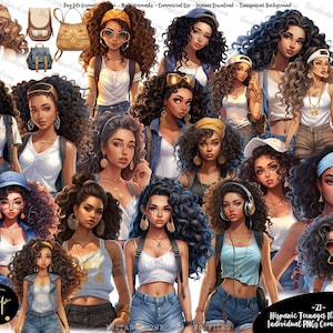 Spaanse vrouwen clipart, meisjes van kleur clipart, tiener vrouwen van kleur, zwarte meid reizen clipart, Latina clipart, summer vibes v203