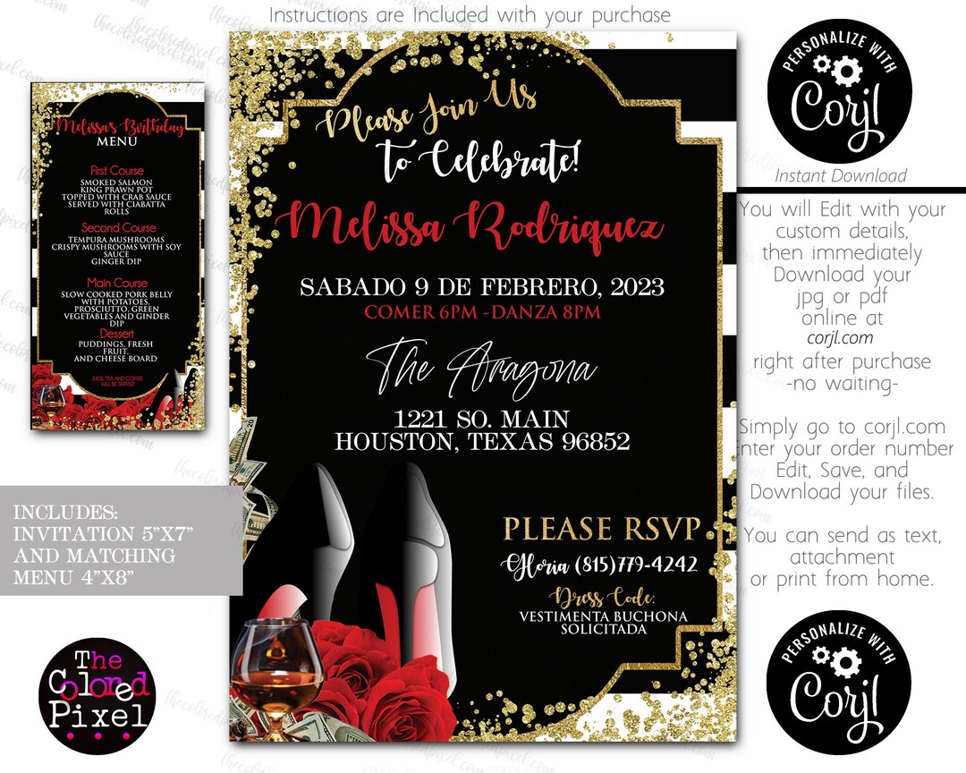 Birthday Party Invitations Elegant Floral Invite Buchon Etsy