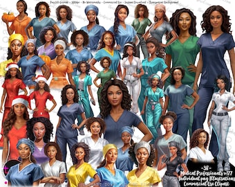 May include: A collection of 38 digital illustrations of female medical professionals in various scrubs and uniforms. The images feature women of color in different poses and outfits, with a transparent background.