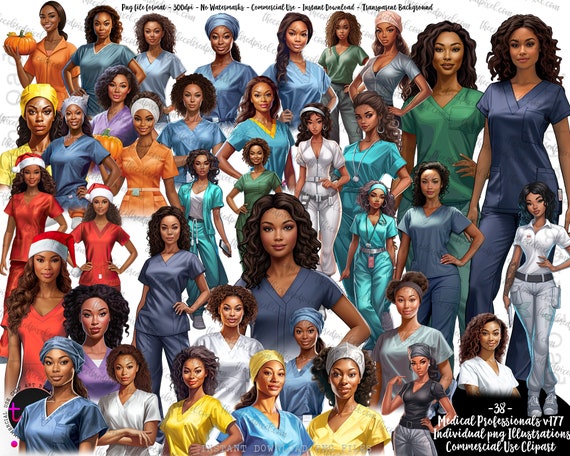Black Medical Professionals Clipart: Nurses & CNA PNG (Digital Download)