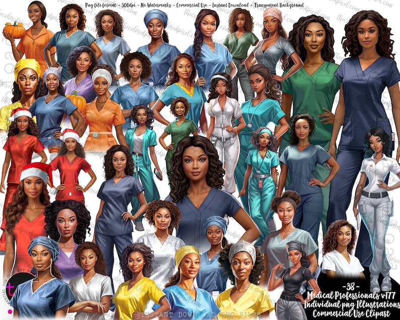 May include: A set of 38 digital illustrations depicting female medical professionals in diverse scrubs and uniforms. The images showcase women of colour in various poses and outfits, with a transparent background.