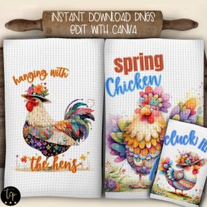 Humorvolles Kaliko Huhn Küchenhandtuch Design, Schürze Sublimationspaket, Sofort-Download für Sublimation, 4 Designs bearbeiten mit Canva