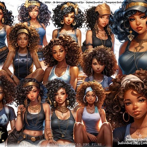 Imágenes prediseñadas de mujeres hispanas, adolescentes de color clipart, tonos de piel claros, imágenes prediseñadas png de chica negra, latinas rizadas y lindas, pngs digitales