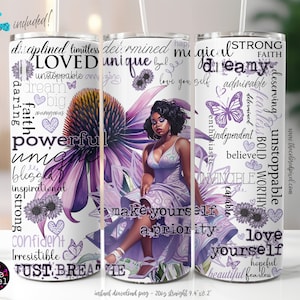 Afirmações positivas roxas 20 oz Skinny Tumbler Black woman Sublimation Design, Digital PNG, Inspirational Butterfly Ame-se 927-Pur