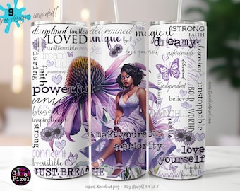 Purple Affirmations Skinny Tumbler: Black Woman Butterfly Design (Digital PNG)