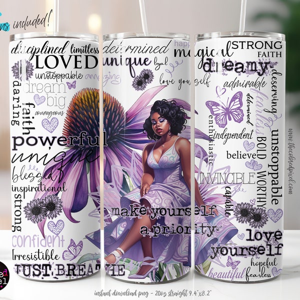 Purple Positive Affirmations 20 oz Skinny Tumbler Black woman Sublimation Design, Digital PNG, Inspirational Butterfly Love yourself 927-Pur