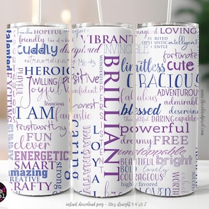 Positive Affirmationen 20 oz Skinny Tumbler Sublimationsdesign Digitaler Download PNG Instant DL, tägliche Affirmationen Tumbler wickeln png
