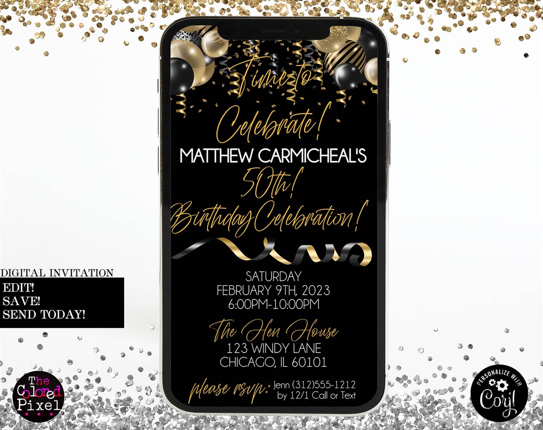 Gold Birthday Text Invitation Template Editable Birthday Text Etsy