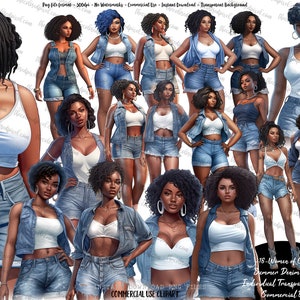Clipart de mulher negra, sublimação png, mulheres de cor, clipart de menina negra, clipart de adesivos, clipart azul jeans e branco, vibrações de verão png