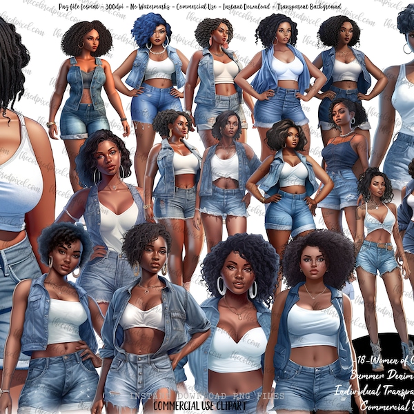 Black Woman clipart, sublimation png, Women of Color, Black girl clipart, sticker clipart, Clipart Blue Denim & White, Summer Vibes png