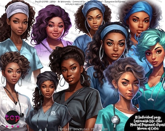May include: Ten digital illustrations of cartoon-style Black women wearing scrubs and medical accessories. The women have different hairstyles, skin tones, and expressions. The text "10 Individual pngs Cartoonish Life-like Medical Personnel clipart Women of Color" is at the bottom of the image.