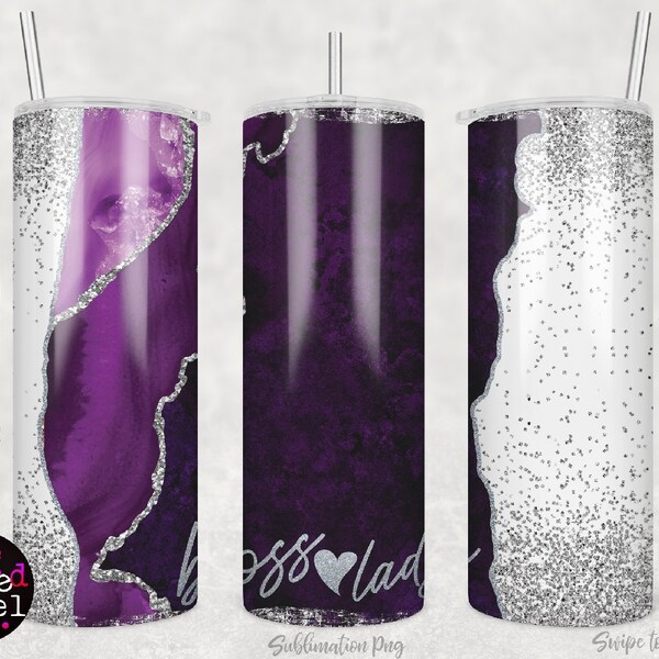 Boss Lady Tumbler Sublimation Wrap 20oz., PNG, Purple, White, and Black with Silver, Instant Download, Sublimation for 20oz skinny, 3 Colors