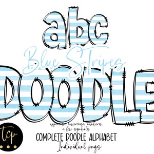 Doodle Letters PNG Alphabet Bundle, Hand Drawn Alpha Pack, Digital Download Sublimation Alphabet PNG, DTF Printable, Blue stripes