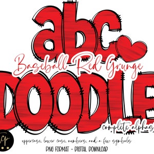 Paquete de alfabeto PNG de letras de garabato rojo, alfabeto dibujado a mano, alfabeto de sublimación digital PNG, DTF imprimible, alfabeto rojo de béisbol