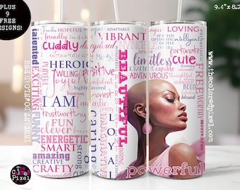 Pink Bald is Beautiful Positive Affirmations 20 oz Skinny Tumbler PNG, Instant download, Beautiful Black Woman tumbler png, Bald woman png