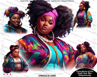 May include: Five digital illustrations of women with different hairstyles and colorful clothing. The women are wearing bright pink, blue, and purple clothing with geometric patterns. The background is transparent.