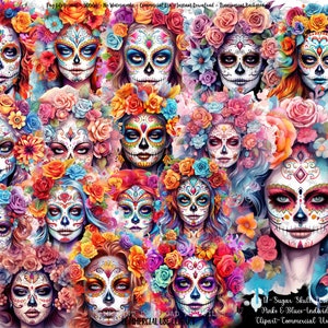 Images clipart filles crâne en sucre Dia de los Muertos, crâne floral femmes, jour de la femme morte png, gobelet clipart crâne en sucre png