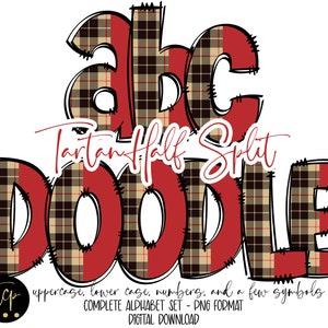 Pacote de alfabeto PNG de letras Doodle, pacote alfa desenhado à mão, download digital de alfabeto de sublimação PNG, DTF imprimível, divisão tartan vermelho marrom