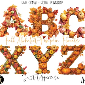 Letras do alfabeto de abóbora floral de outono decorativas, ilustrações de letras florais de outono, pngs de letras do alfabeto de outono, aquarela, PNGs individuais