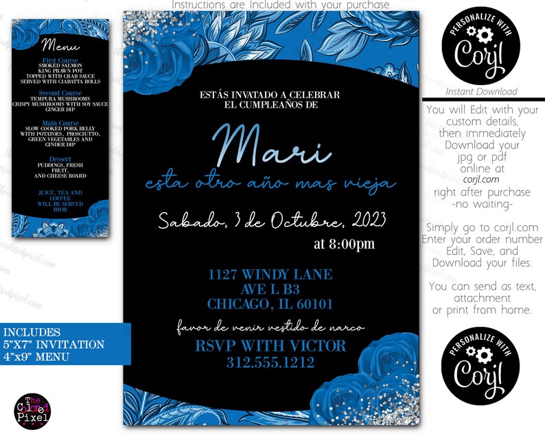 Editable Birthday Party Invitations Buchon Birthday Blue on Etsy