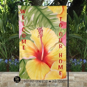 Tropical Flowers Welcome Garden Flag Digital Design Download | Yard Flag PNG | Design for Sublimation | Patio Decor | PNG Format