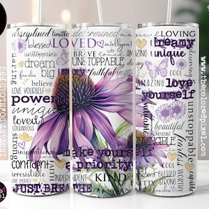 Gobelet emballage femme Affirmations, format png, gobelet affirmations png, cadre photo maigre 20 oz png et png échinacée violet