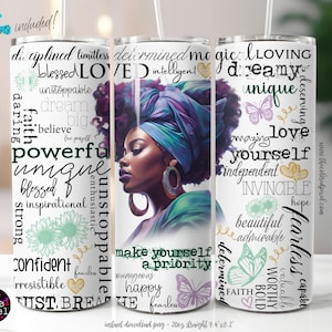 Positieve affirmaties 20 oz magere beker zwarte vrouw sublimatie png, digitale download png, inspirerende vlinder hou van jezelf png v1