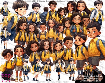 Back to School Children in Uniform, Cute Cartoon back to school Clipart Bundle, kids in school uniform, back to school children diverse v2