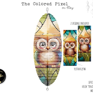 May include: Two digital designs featuring owls in stained glass style. The designs are 11.5 inches high by 4.25 inches wide. The designs are specifically for helix "oblong" shaped windspinners.