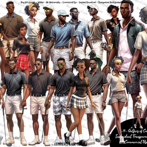 Clipart de golfe, clipart de homens negros, clipart de mulheres negras, clipart de pessoas de cor, moda de golfe, moda de golfe negro, clipart de golfe