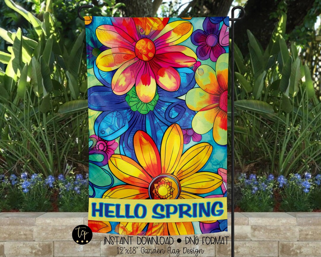 Hippie Flowers Hello Spring Garden Flag Design | Instant Download ...