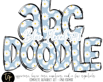 Blue Alphabet Letters PNG Bundle, Mother's Day alphabet, Hand Drawn Doodle, Sublimation Alphaset Designs PNGs, Spring Alphabet, Floral