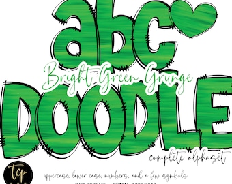 Grass Green Doodle Alphabet PNG Bundle: Grunge Letters (Digital Download)