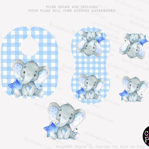 Blue Elephant Bib and Burp cloth Sublimation set pngs, Boy's Baby Shower Gift, Blue elephant pngs bib burpcloth, Instant Download PNGS image 2