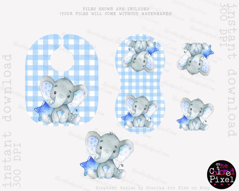 Blue Elephant Bib and Burp cloth Sublimation set pngs, Boy's Baby Shower Gift, Blue elephant pngs bib burpcloth, Instant Download PNGS image 2