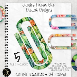Jumbo Big Paper Clip Designs (5), Graffette, File di sublimazione digitale png, Cactus acquerello png x5, Cactus colorato png 3"x5"