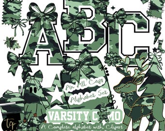 Dark Green Camouflage Doodle Alphabet PNG: Camo Varsity Letters, Clipart (Digital Download)