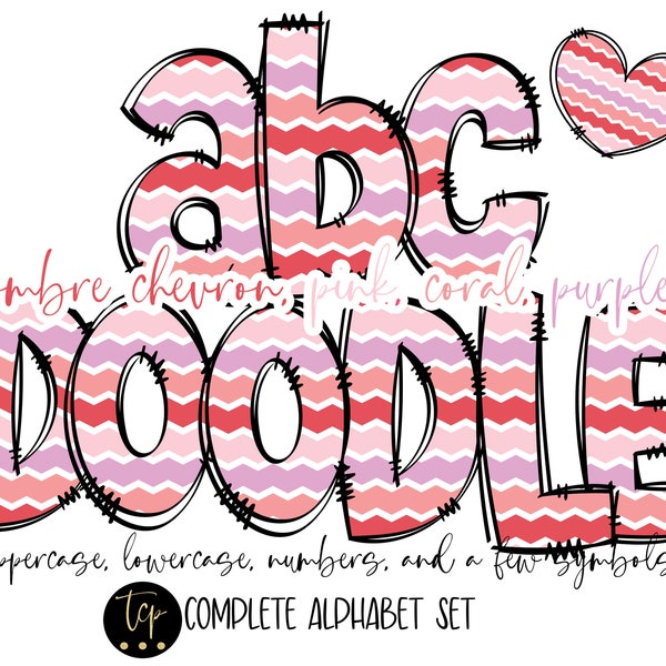 Doodle Letters PNG Alphabet Bundle, Hand Drawn Alpha Pack, Digital Sublimation Alphabet PNGs, DTF Printable, Chevron Pinks Purples Coral