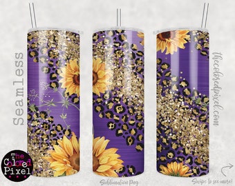 Sunflower and Cheetah 20 oz Skinny Tumbler PNG, Glitter Sunflowers tumbler wrap, 20oz Straight Tumbler Wrap PNG, Instant Download Purple