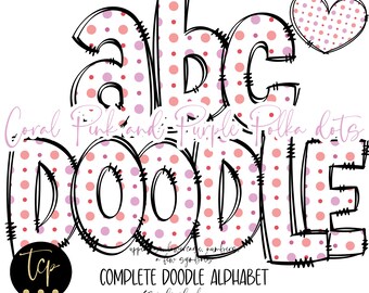 Doodle Letters PNG Alphabet Bundle, Hand Drawn Alpha Pack, Digital Sublimation Alphabet PNGs, DTF Printable, Coral pink purple polka dots