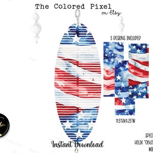 May include: Three digital designs of an American flag in watercolor style. The designs are for use with a helix windspinner that is 11.5 inches tall and 4.25 inches wide. The designs are specifically for oblong shaped windspinners.