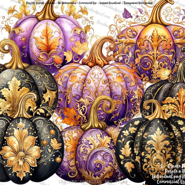 Ornate Pumpkins Fall png, sublimation, pumpkins PNG, pumpkin clipart digital download, Fall pumpkins ornate, black purple pumpkins