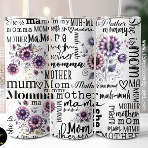 Tumbler mamma da 20 once in formato PNG, Mamma mamma mamma mamma PNG, Festa della mamma PNG, Sublimazione mamma, Tumbler mamma floreale, Viola verde acqua e trasparente