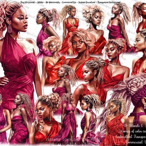 Blond schwarze Frauen Clipart, Sublimation Png, Women of Color, Pink schwarze Mädchen Clipart, Sofortiger Download, Schwarze Frauen in Magenta und Rot