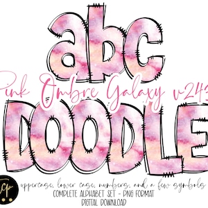Pink Galaxy Doodle Letters PNG Alphabet Bundle, Hand Drawn Alpha Pack, Digital Download Sublimation Alphabet, DTF Printable, Pink Ombre 106