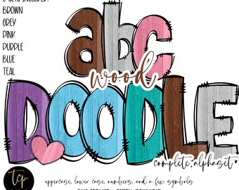 May include: A set of wood grain alphabet letters in various colors, including brown, grey, pink, purple, blue, and teal. The letters are outlined in black and have a wood grain texture. The letters spell out "wood doodle" and the text "complete alphabet, uppercase, lowercase, numbers, and a few symbols" is below the letters. The text "PNG FORMAT - DIGITAL DOWNLOAD" is at the bottom of the image.