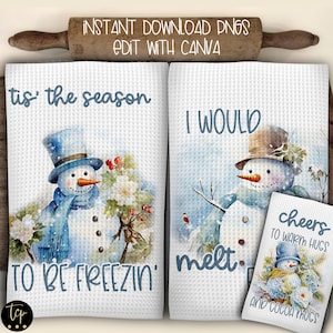 Puede incluir: Dos toallas de cocina de estilo acuarela con ilustraciones de muñecos de nieve y texto de temática invernal. La primera toalla dice "Tis' the season to be freezin'" y presenta un muñeco de nieve con un sombrero y una bufanda azules. La segunda toalla dice "I would melt for..." y presenta un muñeco de nieve con un sombrero y una bufanda marrones. Una toalla más pequeña con una ilustración de muñeco de nieve y el texto "Cheers to warm hugs and cocoa mugs" es visible en el fondo.