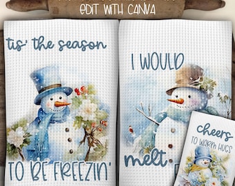 Blue Snowmen Kitchen Towel & Apron Sublimation Designs (Digital Download)